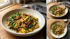 Tofucznica z suszonymi pomidorami i szpinakiem – szybkie śniadanie z jednej patelni