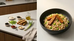 Ryż smażony z edamame i wędzonym tempehem – prosty obiad z jednej patelni