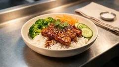 Tempeh po azjatycku w misce: ryż jaśminowy, chrupiące warzywa i sezamowy sos