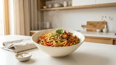 Noodle z tofu w kremowym sosie orzechowym – szybki obiad w azjatyckim stylu