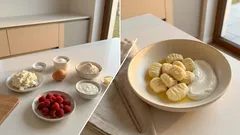 Leniwe z koziego twarogu z jogurtem i malinami – miękkie kluski w 20 minut