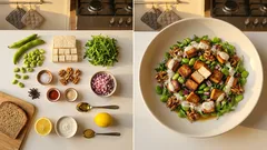 Letnia sałatka z bobem, rukolą i tofu – kremowy dressing i chrupiące orzechy