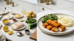 Chrupiące paluszki z dorsza na patelni – z tłuczonymi ziemniakami i sałatką